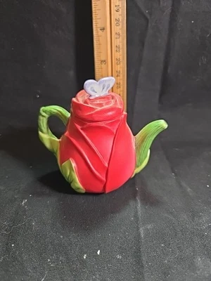 Mini tetera de cerámica vintage Avon 1995 rosa roja pequeña flor mariposa B1 Foto 1 de 4