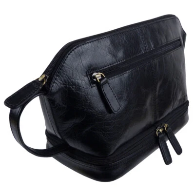 Rowallan Leather Mens Black Wash Bag Travel Toiletries - Image 1 of 4