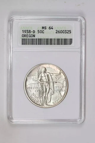 1938-D OREGON SILVER COMMEMORATIVE HALF DOLLAR ANACS MS64 Cover