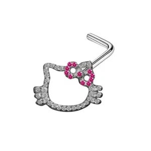 Hello Kitty Nose Ring Piercing Stud Diamond L Shape Pink Silver Birthday Gift - Picture 1 of 1