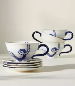 Anthropologie From The Deep Cup Saucer 8PC SET 4 Octopus Nautical Teacup Mug NEW - Picture 1 of 6