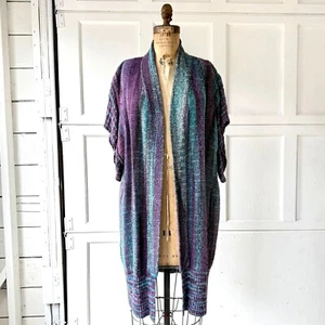 VTG 80s Joan McGee Handwoven Silk Wearable Art Long Vest Jacket Blue Purple - Picture 1 of 7