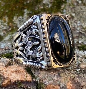 Large 925K Solid Sterling Silver Black Onyx Elegant Men's Ring USA I1O Best Gift - Picture 1 of 11