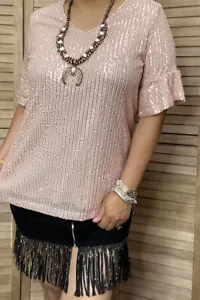 Baby Pink Sequin Top with Ruffle Short Sleeves - Picture 1 of 3