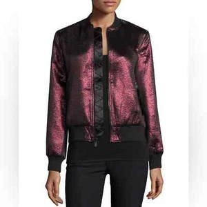 Cinq à Sept Venus Lamé Bomber Jacket Wine Metallic Satin Trim Size XS - Picture 1 of 12