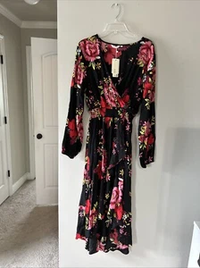 NWT KorMei Hi-Low Ruffle Midi Floral Hobo Wrap Dress Long Sleeve Sz XL - Picture 1 of 12