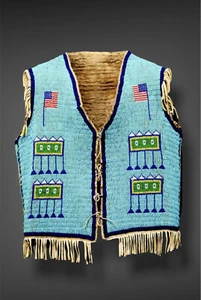 Old American Sioux Style Fully Beaded Front Suede Hide Back Powwow Vest NS54 - Bild 1 von 3
