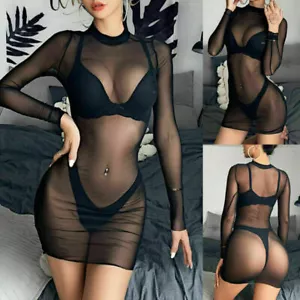UK Ladies Through See Sexy Solid Color Long Sleeve Sheer Nightwear Bodycon Dress - Picture 1 of 16