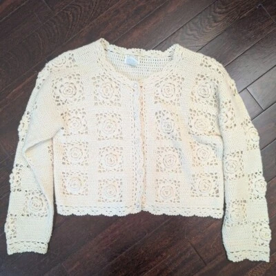 Vintage Moda Int’l Wool Angora Crochet Knit Rosette and Pearl Cardigan - Size M - Image 1 of 4