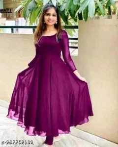 New Fancy Gown For Women Georgette Three-Quarter Sleeves Solid for FREE SHIPPING - Picture 1 of 7