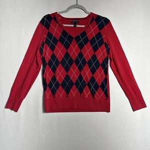 Suéter Tommy Hilfiger Para Mujer Rojo Argyle Cuello en V Preppy Pima Algodón Talla Grande - Imagen 1 de 6
