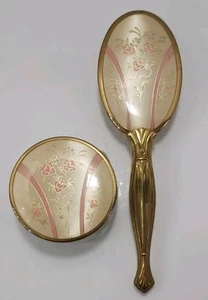 Vintage Vanity Brush And Powder Jar Brass Handle Pink Rose Floral Glass Jar - Picture 1 of 8