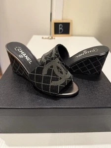 Pearl Embroidery Black & Grey Chanel Sandals - Picture 1 of 6