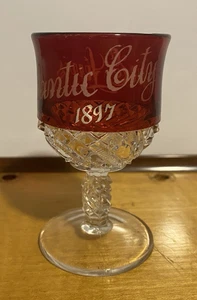Antique EAPG 1897 ATLANTIC CITY Ruby Souvenir Etched Goblet ANNIE & LERVIS 3.75" - Picture 1 of 10