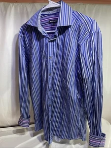 Report Collection Mens Large Long Sleeve Shirt Blue Striped Flip Cuff Button Up - Picture 1 of 5