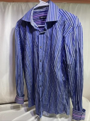 Report Collection Mens Large Long Sleeve Shirt Blue Striped Flip Cuff Button Up - Image 1 of 4