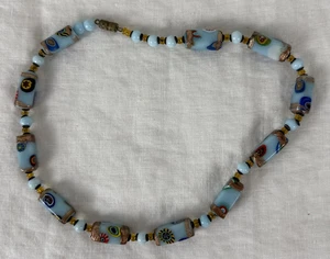 Vintage Italy Millefiori Murano Rectangle Glass Beads/Necklace-Blue 16" long - Picture 1 of 5