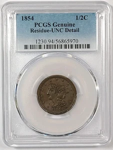 1854 Bradied Hair Half Cent 1/2c PCGS Genuine UNC Detail Residue - Picture 1 of 2