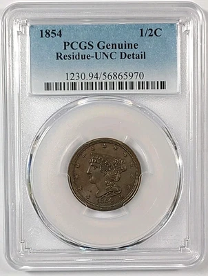 1854 Bradied Hair Half Cent 1/2c PCGS Genuine UNC Detail Residue - Image 1 of 2