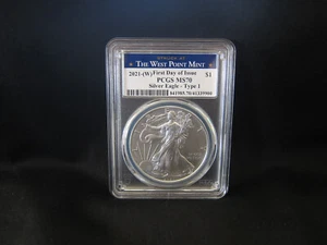 2021 (W) American Silver Eagle PCGS MS70 FDOI tipo 1 moneda en soporte West Point - Imagen 1 de 2