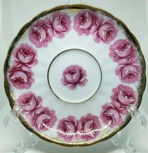 Platillo vintage corona inglesa rosas rosadas con borde dorado - Imagen 1 de 3