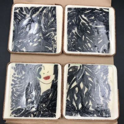 Beautiful Lady w/ Red Lips & Wild Black Hair Mural Vintage Set of 4 Tiles - Image 1 of 4