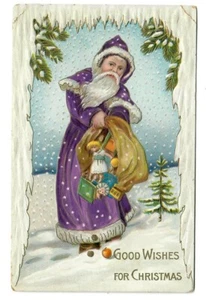 Vintage Weihnachts Postkarte Weihnachtsmann lila Gewand Tasche Spielzeug - Bild 1 von 2