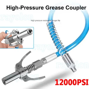 Grease Gun Coupler Locks on Like Air Chuck Fit SAE Zerk & Metric Lube N4E5+Hose - Picture 1 of 21