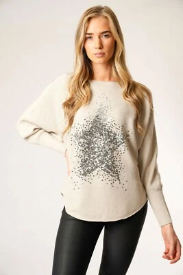 New Ladies Lagenlook Sequin Star Design Batwing Sleeve Comfy Ribbed Knit Jumper - Image 1 of 4