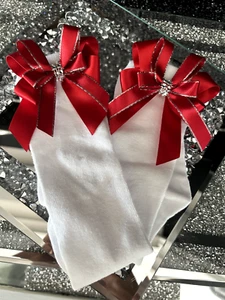 ❤️Girls Spanish Glitter Trim Satin Bow Long KNEE High Socks School   ❤️ - Picture 1 of 19
