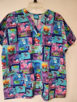 Scrub High Quality Basics Top with frogs     V-Neck & Pockets Size Medium - Image 1 of 4