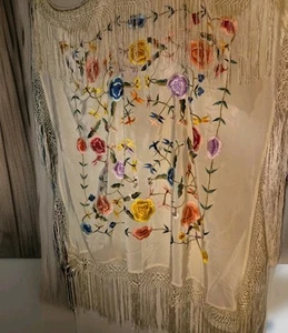Antik Seide bestickt Fransen Canton Klavier Schal Blumen Textil Handarbeit 35" - Bild 1 von 16