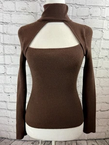 Fab'rik Ribbed Knit Top Women's Size M Brown Rayon Long Sleeve Turtleneck Cutout - Picture 1 of 6