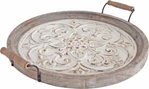 Hillrose 18" Round Wooden Tray, Rustic Brown/White Decorative Serving & Display - Picture 1 of 11