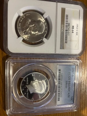 1953-S  50C FRANKLIN SILVER HALF DOLLAR SAN FRANCISCO MINT NGC MS64,  2007 PR69 - Image 1 of 4