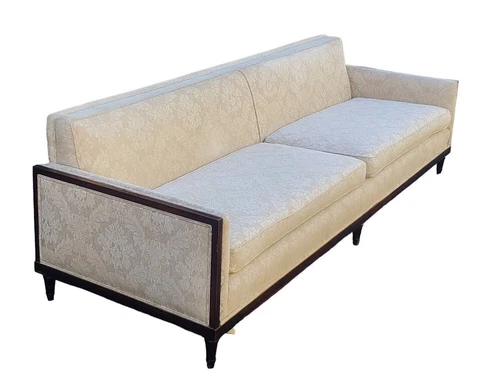 Mid Century Modern American Tuxedo Sofa Couch Low Profile Ivory 1960's Walnut Cover
