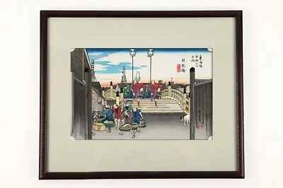 Utagawa Hiroshige -"Nihonbashi: escena matutina" - bloque de madera impreso a mano - marco - Foto 1 de 4