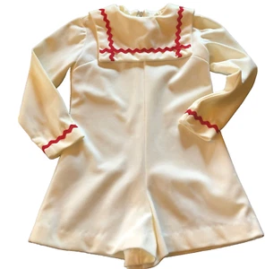 Girls Sz 8 Retro 1960's White Polyester Romper W/ Large Square Collar & Red Trim - Picture 1 of 8