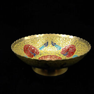 Antique Chinese Brass Hand Painted Peacock Pattern Bowl