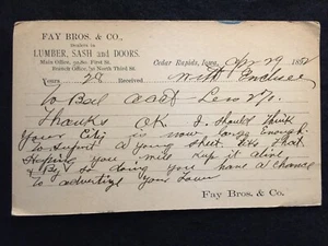 1892 **FAY BROS. AND CO.** (LUMBER DEALER) CEDAR RAPIDS, IOWA UX10 POSTAL CARD! - Picture 1 of 9