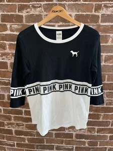 VICTORIA'S SECRET PINK WOMENS SMALL S 3/4 SLEEVES TOP BLACK WHITE SHIRT VS PINK - Imagen 1 de 3
