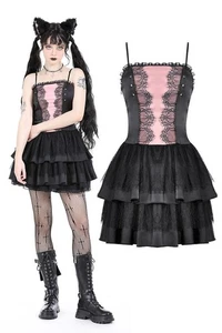 DARK IN LOVE Damen schwarz Gothic rosa Puppe Spitze Rüschen kurz Party Punk Kleid - Bild 1 von 20