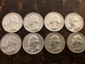 1964-EIGHT (8) WASHINGTON .90 SILVER QUARTERS 25c LITE CIR US COINS NO R. & .99c - Picture 1 of 6