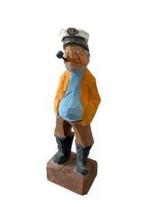 Hand Carved Fisherman W Pipe Wood Painted Folk Art 8" Sea Salty Sailor Nautical - Picture 1 of 14