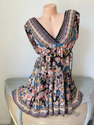 Angie Boho Dress M Floral Tiered Short Surplice V Colorful Bohemian Side Tie - Image 1 of 4