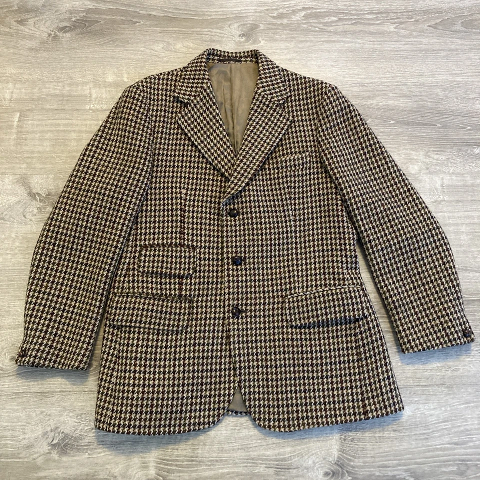 Blazer Harris Tweed Vintage Para Hombre 40 S Marrón Verde Beige Pata de Gallo 100% Lana Foto 1 de 4