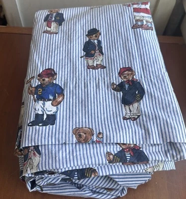 Ralph Lauren винтажный плюшевый медведь синий поло в полоску Twin простыни комплект резинке и плоский - Изображение 1 из 4