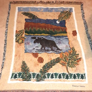 Moose Mountains Lake Woven Tapestry Andrea Tachiera Blanket Throw 53"X63" USA - Picture 1 of 15