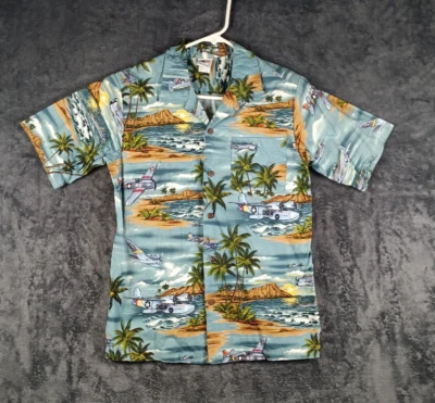 Nui Nalu Hawaiian Shirt BOYS Large Blue WWII Planes Aviation Aloha Button Up - Image 1 of 4