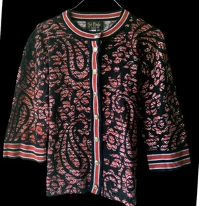 Bob Mackie Wearable Art Sweater LARGE Cardigan Red & Black Abstract Gold Buttons - Picture 1 of 8